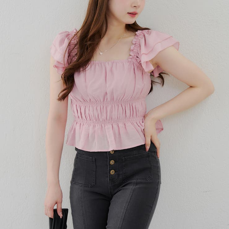 極美品 Rene ルネ　シャーリングハーフスリーブブラウス　フリル　M　近年 極美品 Rene ルネ シャーリングハーフスリーブブラウス フリル M