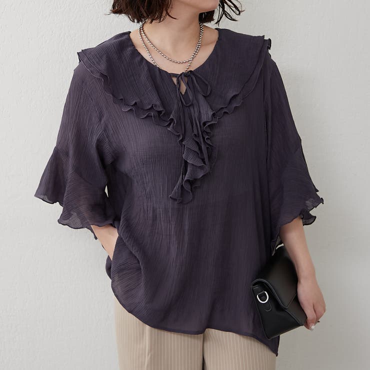 ネイビー | ラッフル5分袖ブラウス | NICE CLAUP / OLIVE des OLIVE　OUTLET
