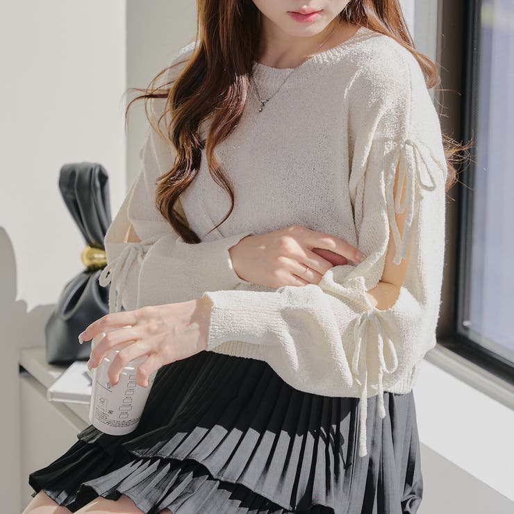 肩あきリボンニットプルオーバー[品番：NCLW0015385]｜NICE CLAUP