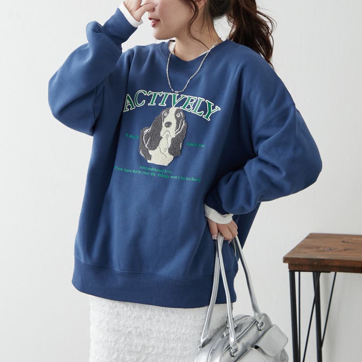 ブルー | わんこ相良刺繍裏起毛スウェット | NICE CLAUP / OLIVE des OLIVE　OUTLET