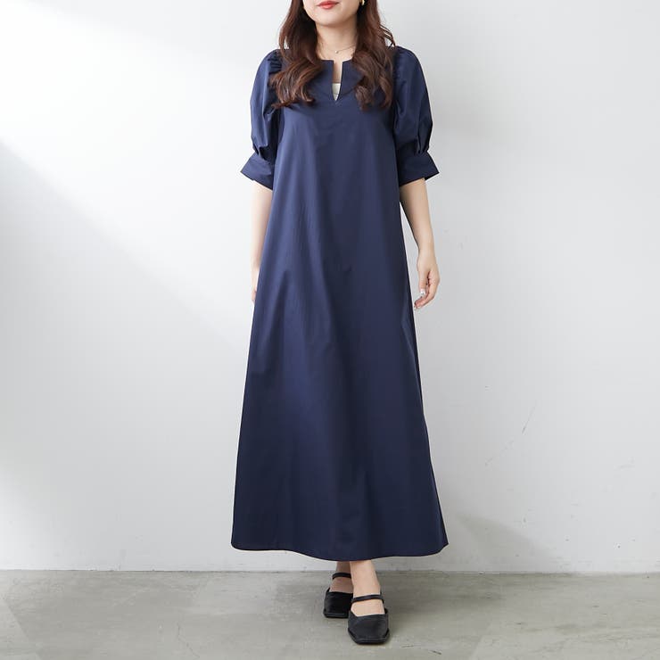 ネイビー | 1枚でキマる！パフスリーブキーネックワンピース | NICE CLAUP / OLIVE des OLIVE　OUTLET
