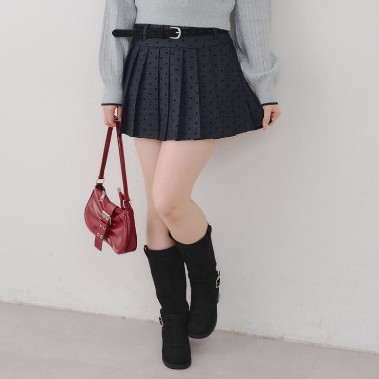 ネイビー | ドットベルト付プリーツミニスカート | NICE CLAUP / OLIVE des OLIVE　OUTLET