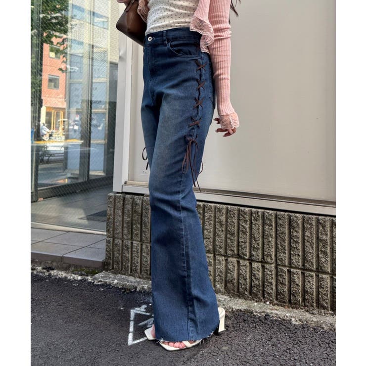 ブルー | 脇レースアップフレアパンツ | NICE CLAUP / OLIVE des OLIVE　OUTLET