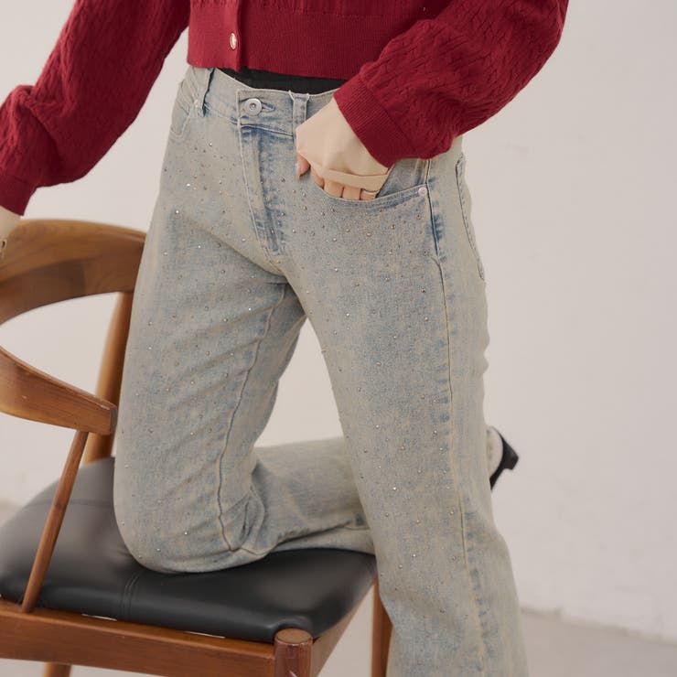 ブルー系 | ストーン付デニムフレアパンツ | NICE CLAUP / OLIVE des OLIVE　OUTLET