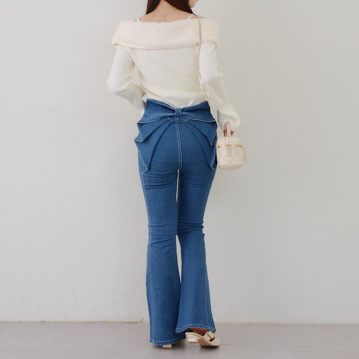 3サイズ展開】後ろ姿まで可愛い、リボンデニムフレアパンツ[品番