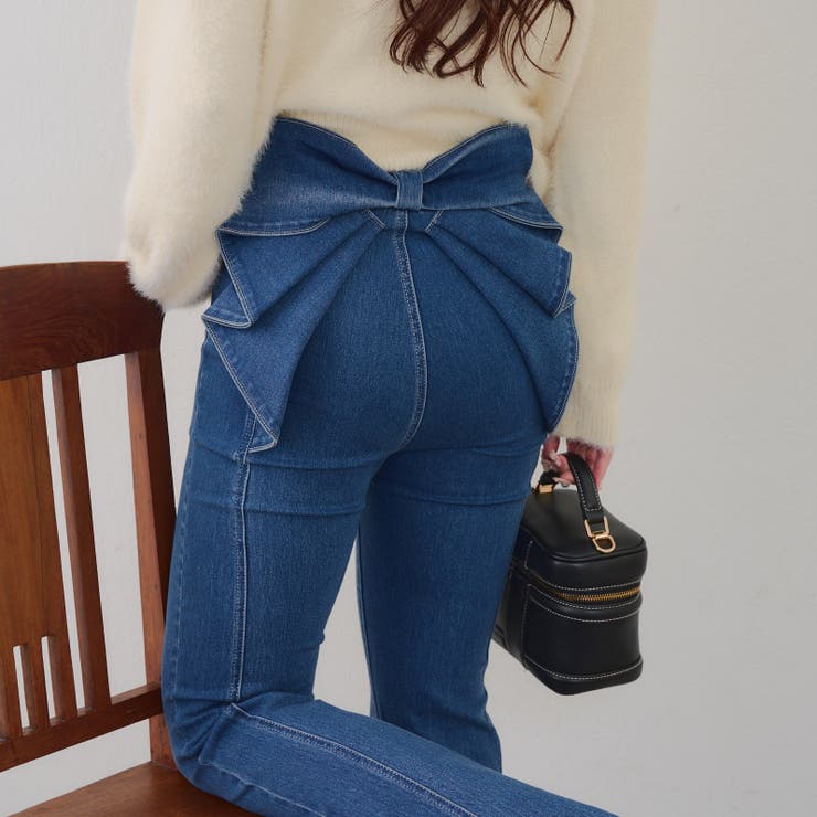 3サイズ展開】後ろ姿まで可愛い、リボンデニムフレアパンツ[品番
