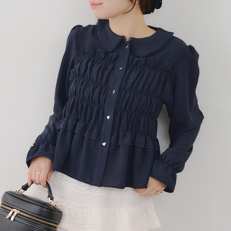 シャーリングでか衿ブラウス[品番：NCLW0016638]｜NICE CLAUP / OLIVE