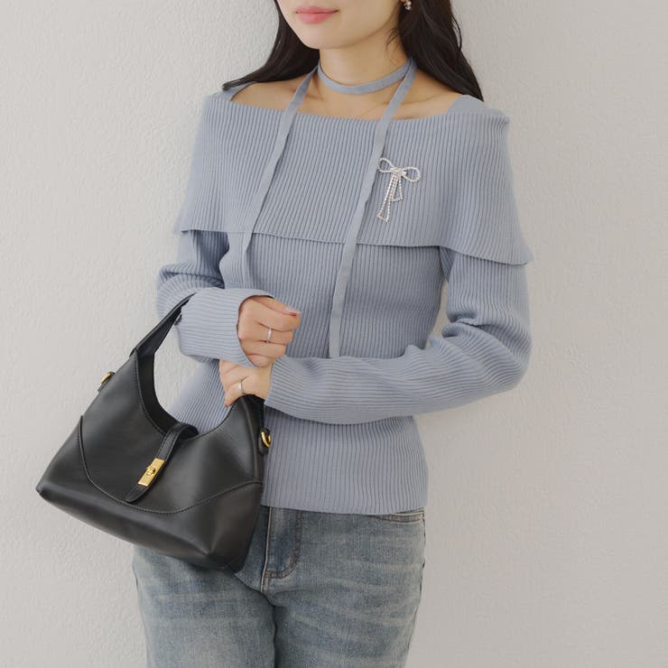 ブルー | オフショルブローチ付きニット | NICE CLAUP / OLIVE des OLIVE　OUTLET