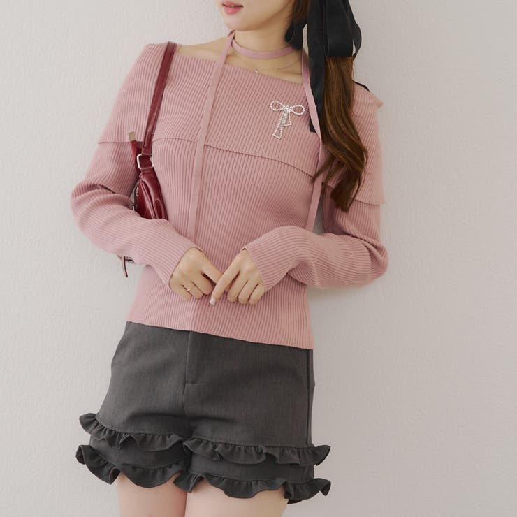 ピンク | オフショルブローチ付きニット | NICE CLAUP / OLIVE des OLIVE　OUTLET