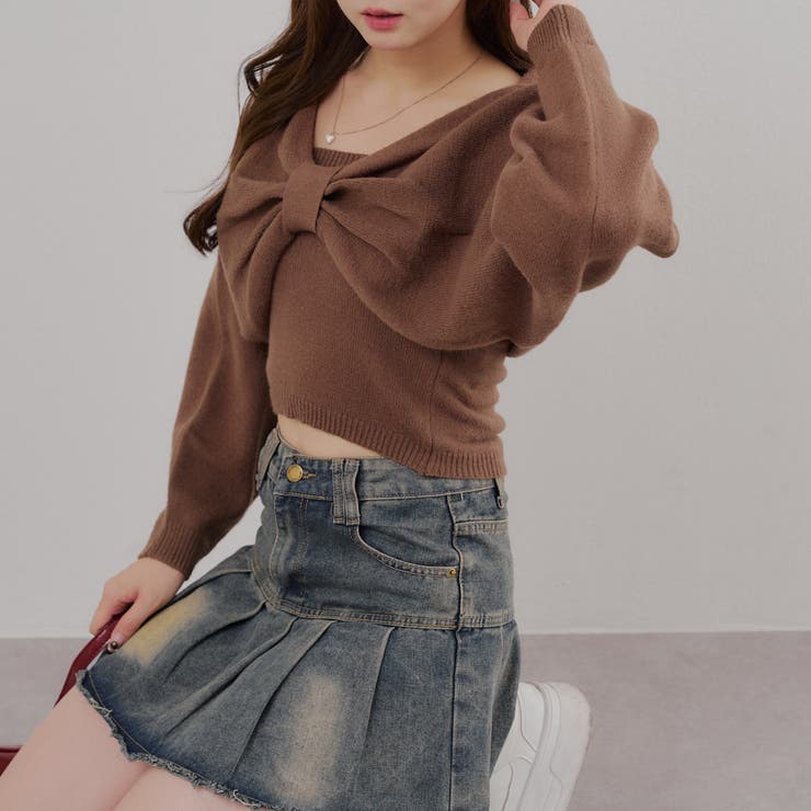 ブラウン | オフショルでも着られる、リボンがキュートなセットアイテム | NICE CLAUP / OLIVE des OLIVE　OUTLET