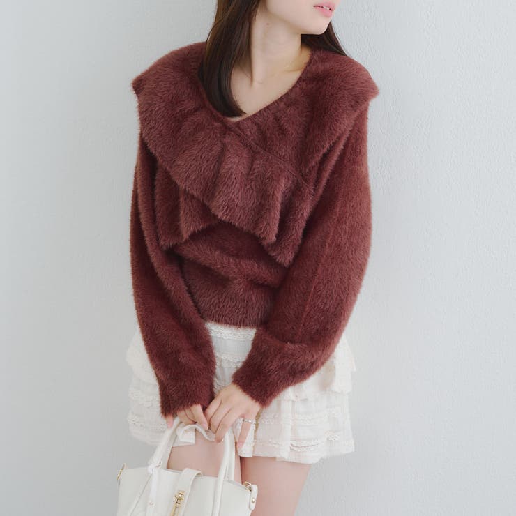 ブラウン | フェザークロスフリルニット | NICE CLAUP / OLIVE des OLIVE　OUTLET