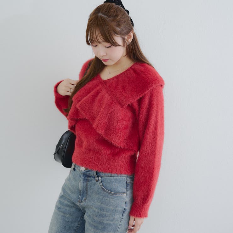 レッド | フェザークロスフリルニット | NICE CLAUP / OLIVE des OLIVE　OUTLET