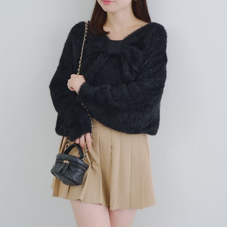 ブラック | 【ふわふわ、大人可愛い♪】リボンニット＆キャミソールセット | NICE CLAUP / OLIVE des OLIVE　OUTLET