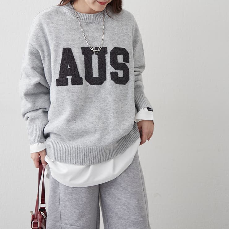 グレー | ロゴ刺繍ニット | NICE CLAUP / OLIVE des OLIVE　OUTLET