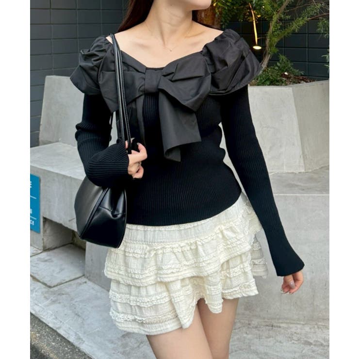 ブラック | オフショルリボンニット | NICE CLAUP / OLIVE des OLIVE　OUTLET