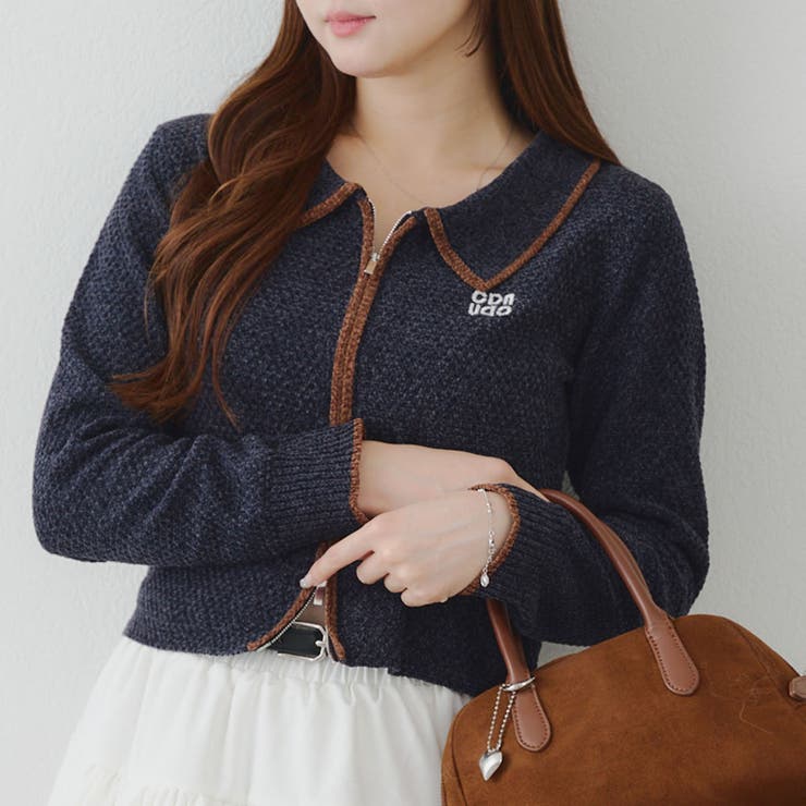 ネイビー | ベロアモールWZIPカーディガン | NICE CLAUP / OLIVE des OLIVE　OUTLET