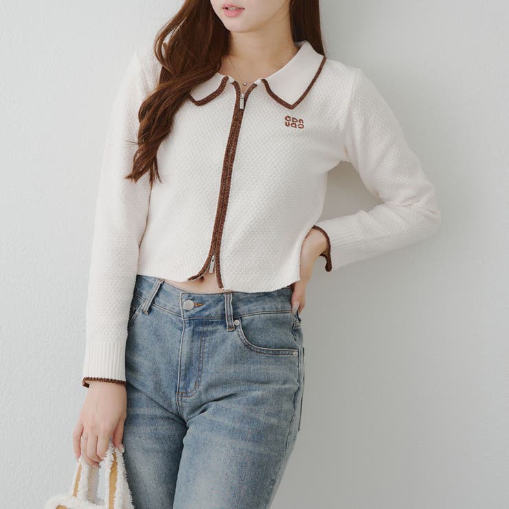 アイボリー | ベロアモールWZIPカーディガン | NICE CLAUP / OLIVE des OLIVE　OUTLET