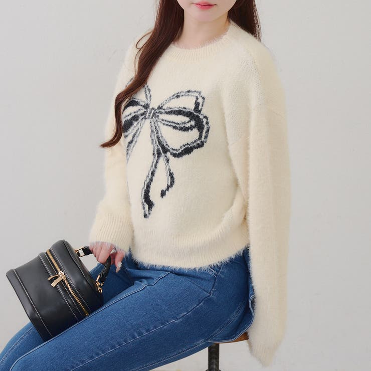 アイボリー | リボン柄シャギーニット | NICE CLAUP / OLIVE des OLIVE　OUTLET