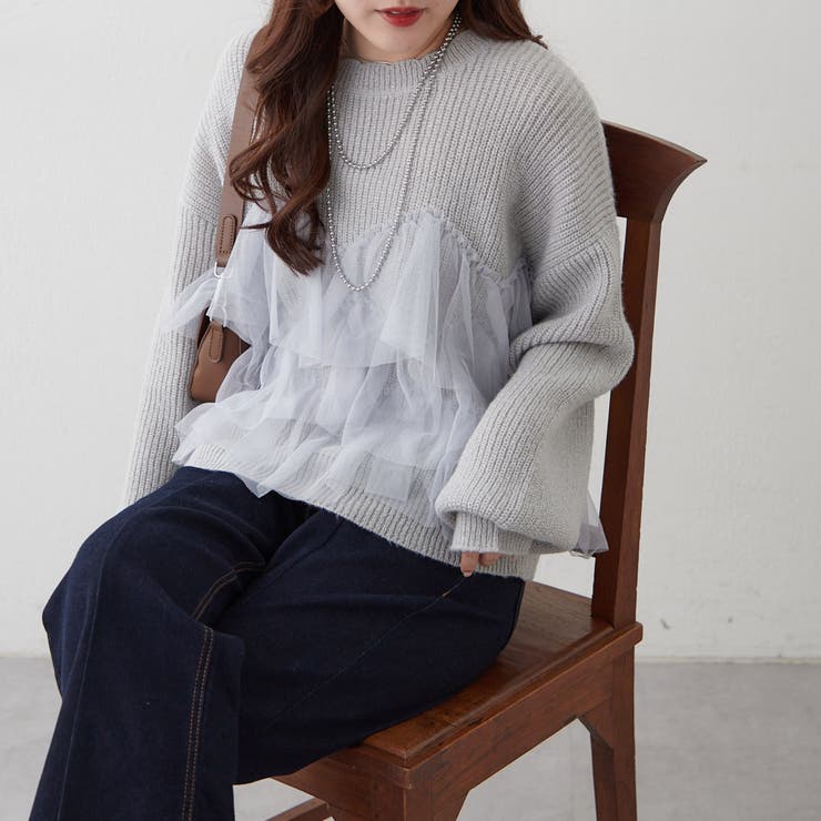 Lグレー | チュール付ラメニット | NICE CLAUP / OLIVE des OLIVE　OUTLET