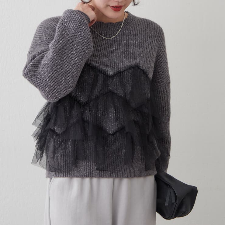 チャコール | チュール付ラメニット | NICE CLAUP / OLIVE des OLIVE　OUTLET