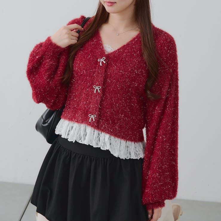 レッド | 【5色展開】裾レースリボン釦カーディガン | RMAF　NICE CLAUP / OLIVE des OLIVE