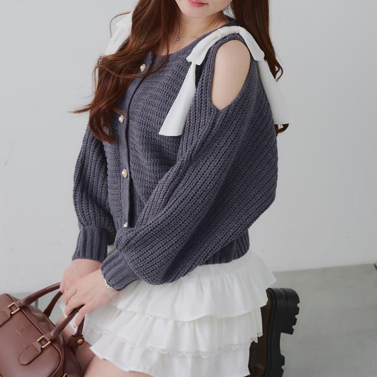 チャコール | 肩リボンモールプルオーバー | NICE CLAUP / OLIVE des OLIVE　OUTLET