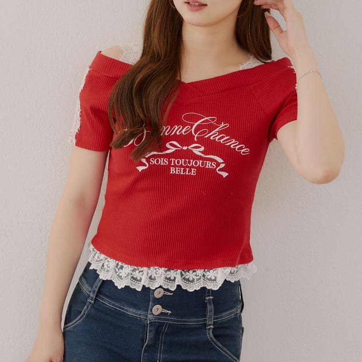 レッド | レース付テレコプルオーバー | NICE CLAUP / OLIVE des OLIVE　OUTLET