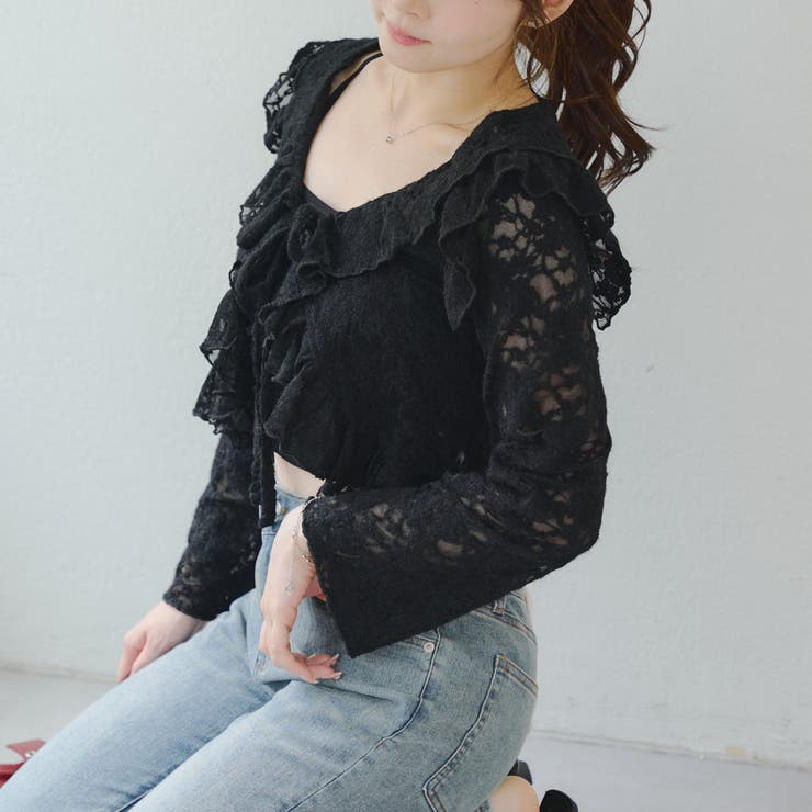 ブラック | 起毛カットジャガードラッフルカーディガン | NICE CLAUP / OLIVE des OLIVE　OUTLET