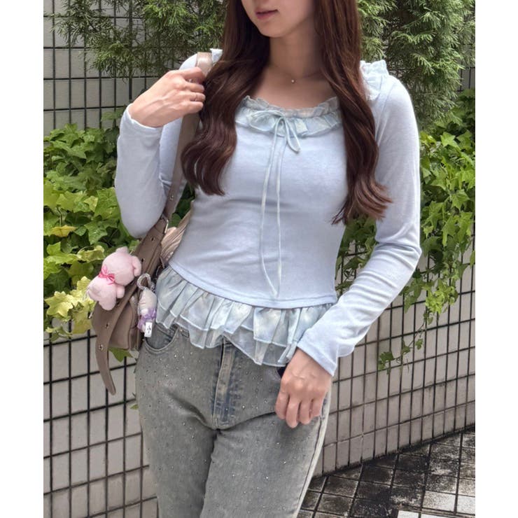 サックス | チェックフリルT | NICE CLAUP / OLIVE des OLIVE　OUTLET