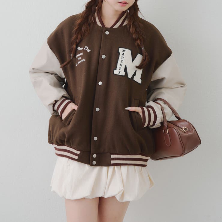 マルシェノア　希少　刺繍入りスタジャン ブラウン/アイボリー　オシャレカジュアル マルシェノア 希少 刺繍入りスタジャン ブラウン/アイボリー オシャレ