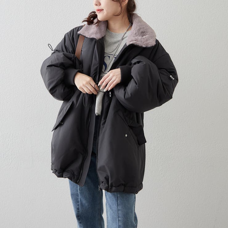 ブラック | 衿ファードロスト中綿ジャケット | NICE CLAUP / OLIVE des OLIVE　OUTLET