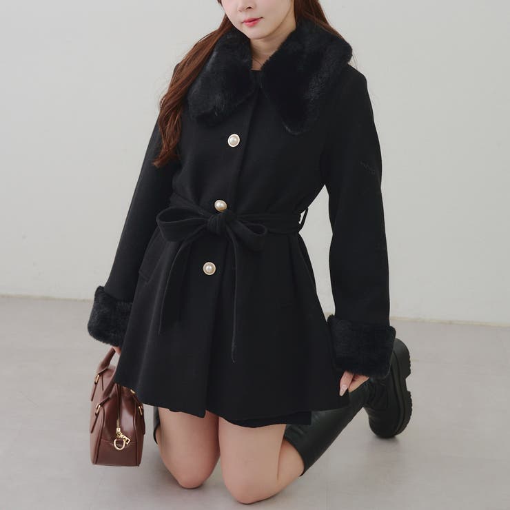 ブラック | フェイクファー付コート | NICE CLAUP / OLIVE des OLIVE　OUTLET