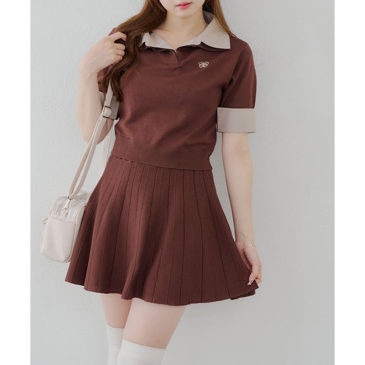 2枚セット】【韓国コーデ叶う！】W衿ポロ＆ミニプリーツスカート[品番