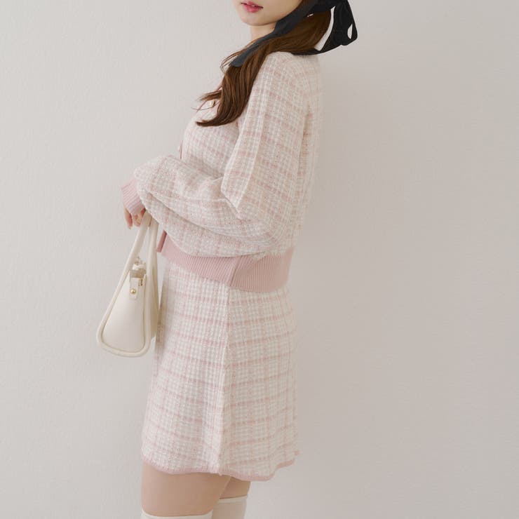 セットアップ】ツイードニットカーディガン&ミニスカートセット[品番