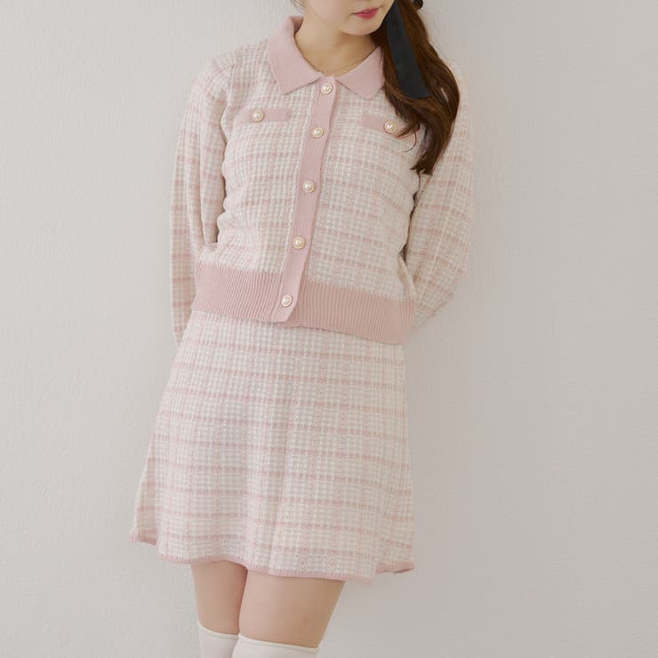 セットアップ】ツイードニットカーディガン&ミニスカートセット[品番