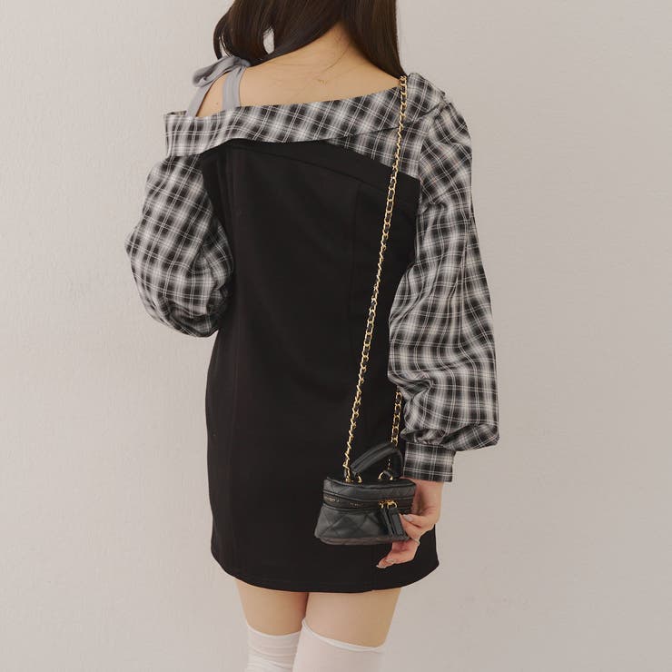 ellie ポンチミニワンピース one-shoulder neck ribbon punch mini onepiece /ワンショルネック