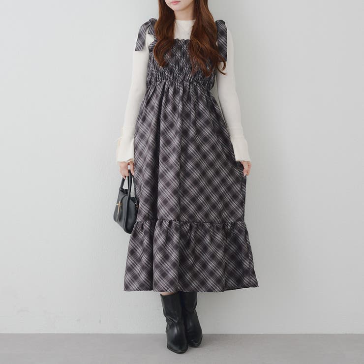 ブラック系 | 肩リボンシャーリングワンピース | RMAF　NICE CLAUP / OLIVE des OLIVE