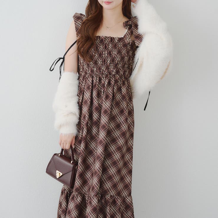 ブラウン系 | 肩リボンシャーリングワンピース | RMAF　NICE CLAUP / OLIVE des OLIVE