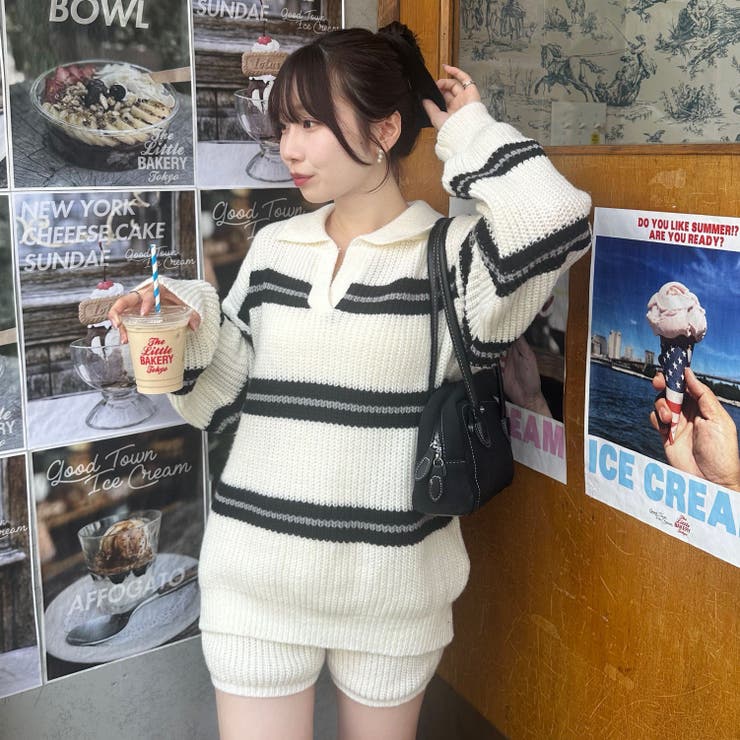 【セットアップ】ボーダーポロニット&ニットショートパンツ | RMAF　NICE CLAUP / OLIVE des OLIVE | 詳細画像1 