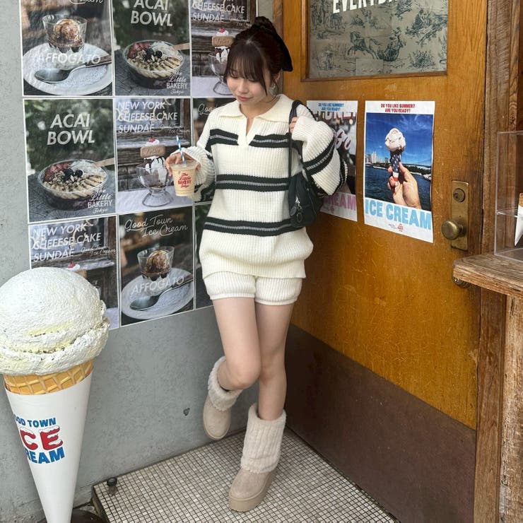 【セットアップ】ボーダーポロニット&ニットショートパンツ | RMAF　NICE CLAUP / OLIVE des OLIVE | 詳細画像2 