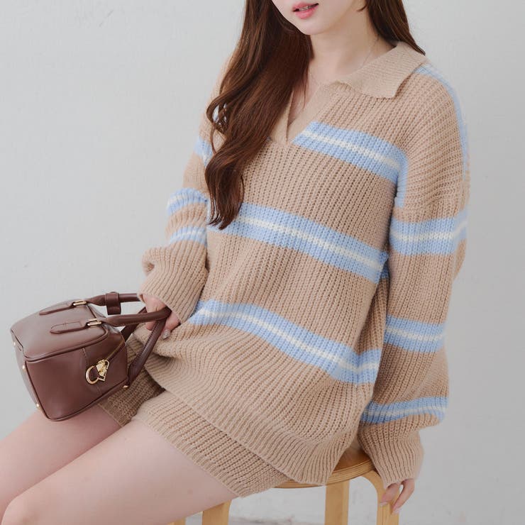 ベージュ | 【セットアップ】ボーダーポロニット&ニットショートパンツ | RMAF　NICE CLAUP / OLIVE des OLIVE