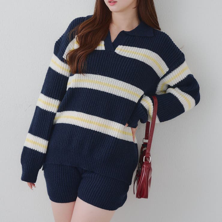 ネイビー | 【セットアップ】ボーダーポロニット&ニットショートパンツ | RMAF　NICE CLAUP / OLIVE des OLIVE