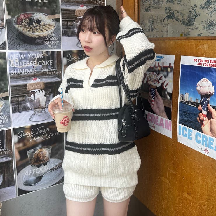 アイボリー | 【セットアップ】ボーダーポロニット&ニットショートパンツ | RMAF　NICE CLAUP / OLIVE des OLIVE