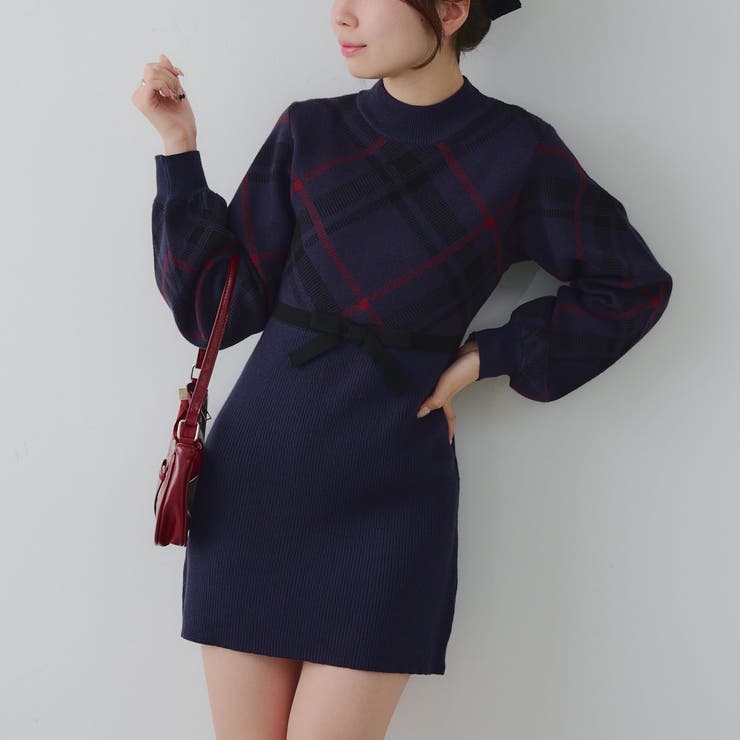 ネイビー | チェック切替ニットミニワンピース | NICE CLAUP / OLIVE des OLIVE　OUTLET