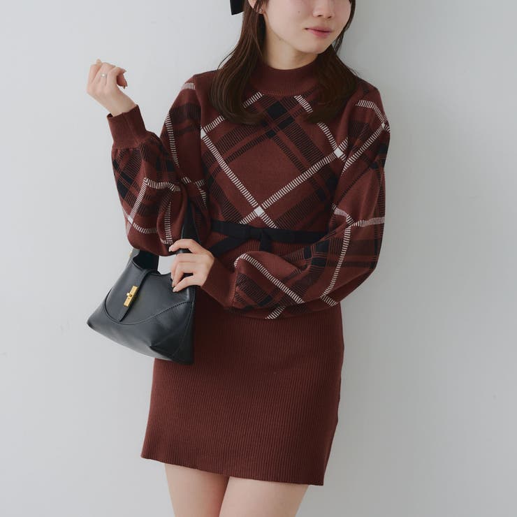 ブラウン | チェック切替ニットミニワンピース | NICE CLAUP / OLIVE des OLIVE　OUTLET