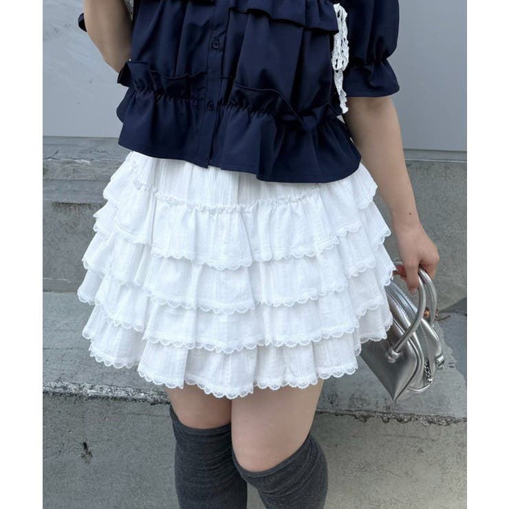 レース段々ミニスカート[品番：OLOW0018237]｜RMAF NICE CLAUP / OLIVE