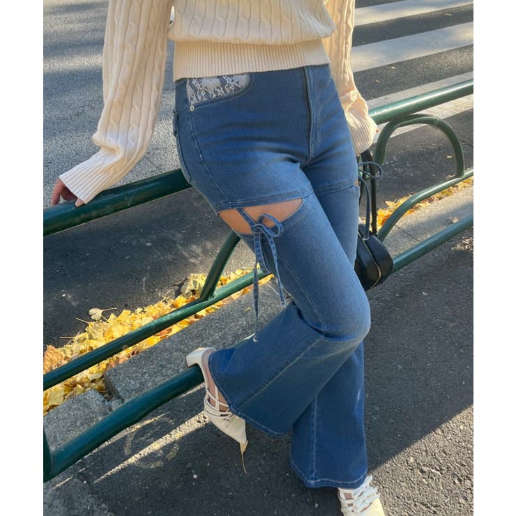 ブルー | リボン付サイドスリットフレアパンツ | RMAF　NICE CLAUP / OLIVE des OLIVE