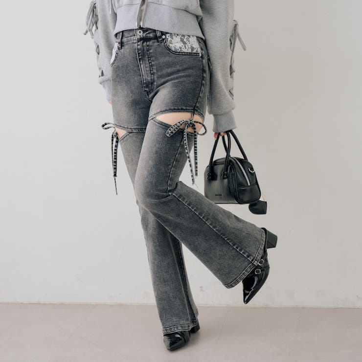 ブラック系 | リボン付サイドスリットフレアパンツ | RMAF　NICE CLAUP / OLIVE des OLIVE