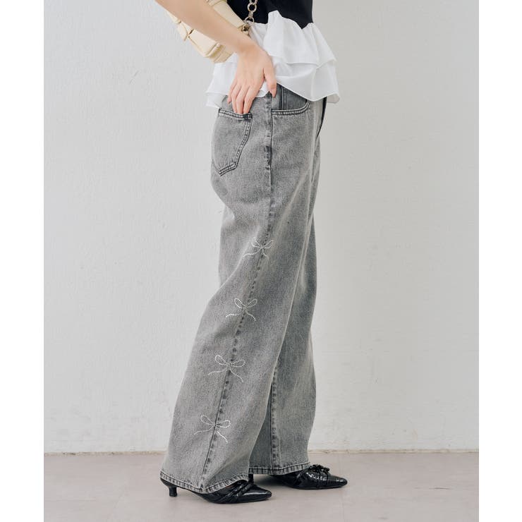 ブラック | 【選べるデザイン】リボン レース ストレートデニムパンツ | RMAF　NICE CLAUP / OLIVE des OLIVE