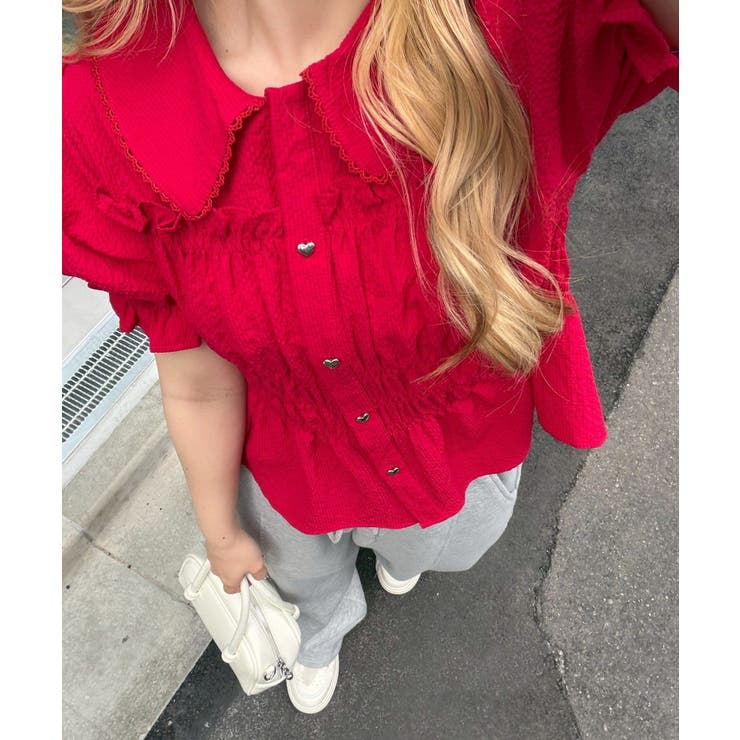 レッド | シャーリングペプラム半袖ブラウス | RMAF　NICE CLAUP / OLIVE des OLIVE